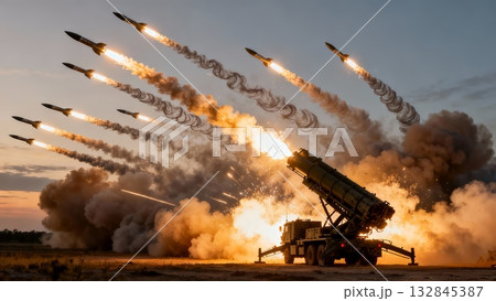 Multiple Rocket Launcher System Firing Salvo Battlefield Artillery 132845387
