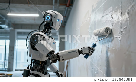 Humanoid Robot Painting Wall Construction Renovation Work Humanoid Robot Painting Wall Construction Renovation Work 132845391