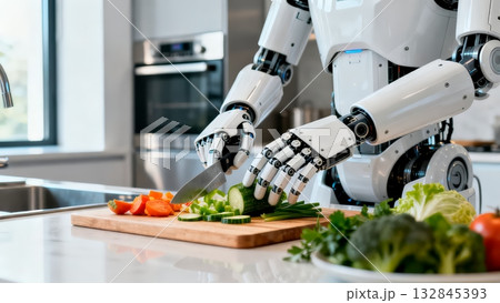 Humanoid Robot Cooking Meal in Modern Kitchen Domestic Assistant 132845393