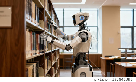 Robot Librarian Organizing Books Library Information Management Robot Librarian Organizing Books Library Information Management 132845399