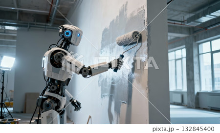 Humanoid Robot Painting Wall Construction Renovation Work Humanoid Robot Painting Wall Construction Renovation Work 132845400
