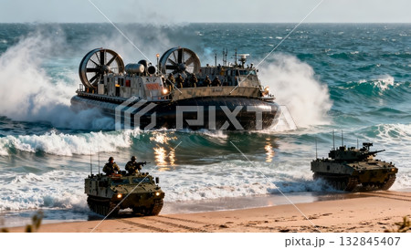 Military Hovercraft Landing Beach Amphibious Vehicle Deployment 132845407