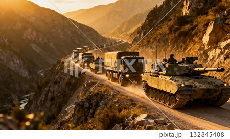 Military Convoy Vehicles Moving Through Mountain Pass Deployment 132845408