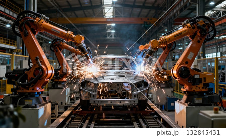 Robotic Arm Assembly Line Manufacturing Automotive Production 132845431