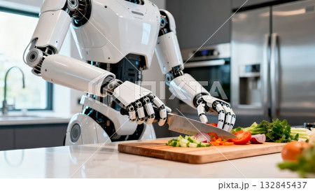 Humanoid Robot Cooking Meal in Modern Kitchen Domestic Assistant Humanoid Robot Cooking Meal in Modern Kitchen Domestic Assistant 132845437