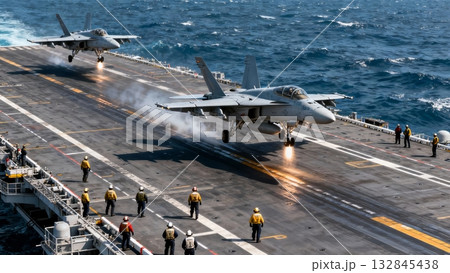 Aircraft Carrier Flight Deck Operations Jets Launching Combat Mission 132845438
