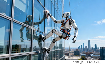 Humanoid Robot Cleaning Windows High-rise Building Maintenance Humanoid Robot Cleaning Windows High-rise Building Maintenance 132845439
