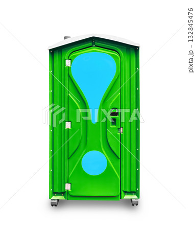 A bright green portable toilet (porta-potty) with a distinctive blue exclamation mark graphic on the door, isolated on white. 132845476