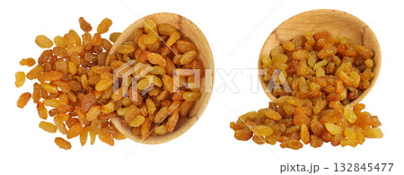 Yellow Raisins in wooden bowl isolated on white background. Top view. Flat lay, Yellow Raisins in wooden bowl isolated on white background. Top view. Flat lay, 132845477