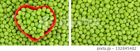 Fresh green peas in red ceramic bowl as a background. Top view. Flat lay 132845482
