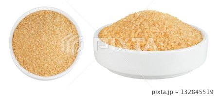 The brown sugar in ceramic bowl isolated on white background. Top view. Flat lay 132845519
