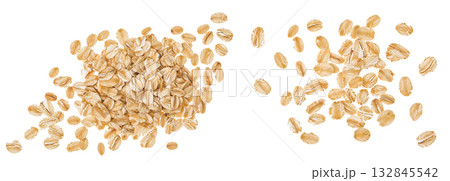 Oat flakes heap in isolated on white background with full depth of field. Top view. Flat lay Oat flakes heap in isolated on white background with full depth of field. Top view. Flat lay 132845542