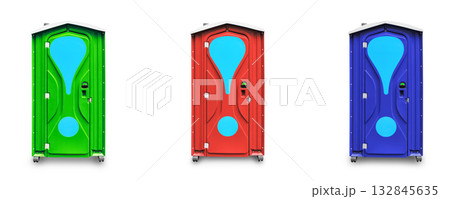 A row of three colorful portable toilets (green, red, blue), each with a light blue exclamation mark graphic, isolated on white. 132845635