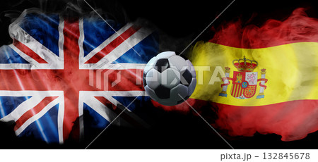 Collage of United Kingdom vs Spain national football rivalry with smoke flags and soccer ball 132845678