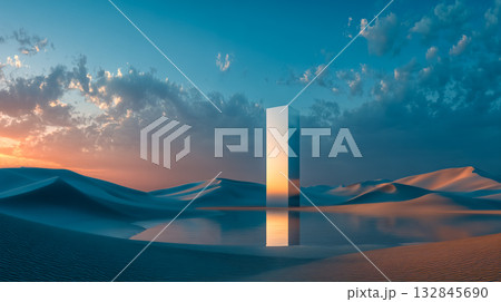夕暮れ時の夢のような砂漠に浮かぶ鏡面モノリスのコンセプチュアルアート 132845690