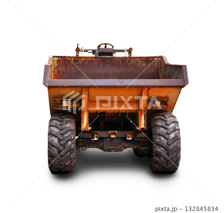 The rear view of a heavy, rough-terrain site dumper with a large, rusted skip bucket and deep-tread tires, isolated on white. The rear view of a heavy, rough-terrain site dumper with a large, rusted skip bucket and deep-tread tires, isolated on white. 132845834