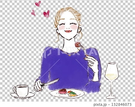 赤ワインで乾杯し食事をする女性 132846073