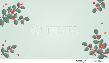 Christmas background with holly berry branches. Festive frame with holly berry on a light background.  132846639