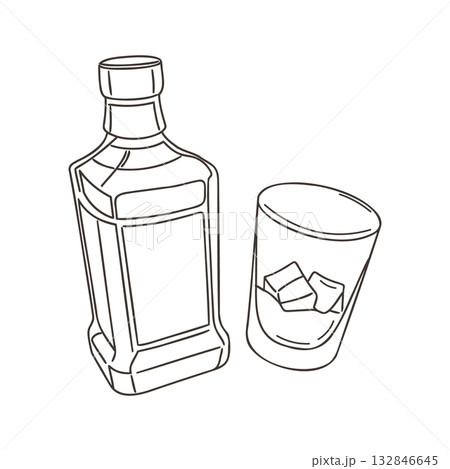 Whiskey bottle and glass with ice cubes on white background. Line drawing. Illustration. Whiskey bottle and glass with ice cubes on white background. Line drawing. Illustration. 132846645
