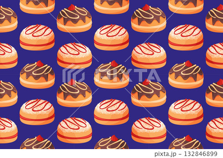 Seamless pattern featuring rows of traditional sufganiyot. flat style. Hanukkah donuts 132846899