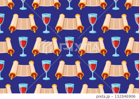 Seamless pattern rolled scrolls Torahs and wine glasses with red wine 132846906
