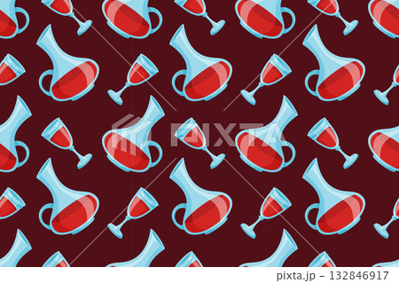 Seamless pattern with decanters or carafes and stemmed wine glasses filled with red wine Seamless pattern with decanters or carafes and stemmed wine glasses filled with red wine 132846917