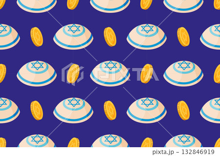 Seamless pattern with Jewish yarmulkes or kippahs and gold Hanukkah gelt coins 132846919