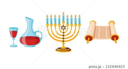 Set of Jewish holiday elements. menorah, Torah scroll, carafe and glass of red wine 132846923