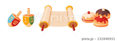 Hanukkah icons set. dreidels, rolled scroll Torah with Star of David, and sufganiyot donuts 132846931