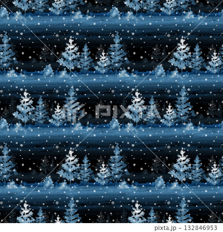 Seamless pattern Illustration with hand-drawn watercolor fir trees and falling snow on a dark blue background. Design for Christmas wrapping paper, winter holiday decor, seasonal fabric, or cozy 132846953