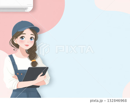 美優シリーズ：作業着と帽子を着用して業務用空調機を点検する美優 132846968