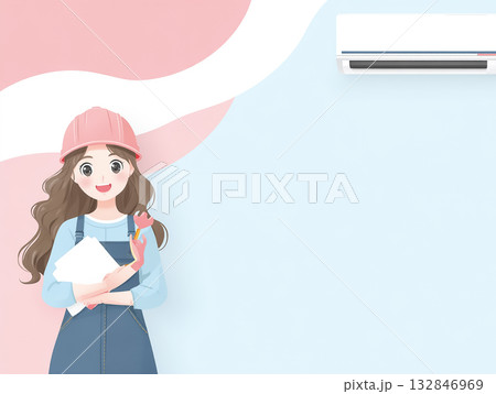 美優シリーズ：作業着とヘルメットを着用して業務用空調機を点検する美優 132846969