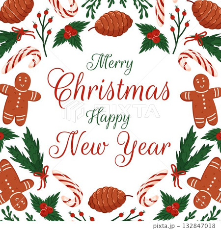 Christmas greeting card with text. Design with gingerbread man, candy cane, pinecone, holly berry and evergreen branch in flat style. Design for bakery. 132847018