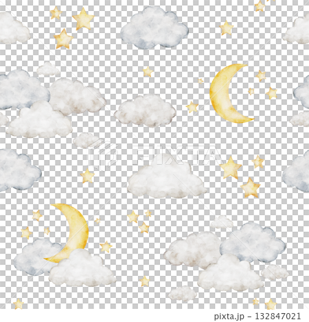 Crescent moon, clouds and stars. Cute seamless pattern. Watercolor Isolated weather baby illustration. Children's celestial background for kids goods,linen, pajamas and children's room Crescent moon, clouds and stars. Cute seamless pattern. Watercolor Isolated weather baby illustration. Children's celestial background for kids goods,linen, pajamas and children's room 132847021