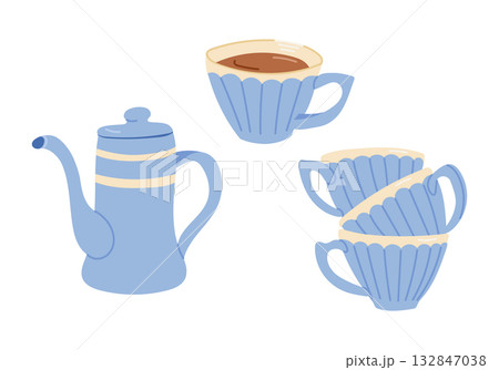 Set of blue teapot and matching teacups with warm beverage in flat minimal style. Concept of comfort, tea time and cozy home relaxation 132847038