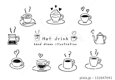 かわいいホットドリンクの線画セット 132847041