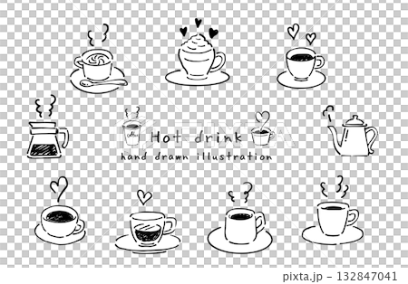 Cute hot drink line drawing set Cute hot drink line drawing set 132847041