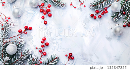 Christmas background: Christmas balls, fir branches and holly berries on white background, top view. Copy space. Banner Christmas background: Christmas balls, fir branches and holly berries on white background, top view. Copy space. Banner 132847225