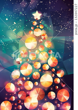 Geometric, minimalistic Christmas tree with colorful lights and decorations. New Year and Christmas concept. 132847227