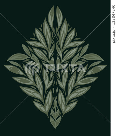 Vector symmetrical leaf ornament in deep green tones. Elegant nature-inspired design with stylized foliage and calm palette Vector symmetrical leaf ornament in deep green tones. Elegant nature-inspired design with stylized foliage and calm palette 132847240