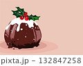 Christmas pudding with holly berries on a colored background. Traditional festive food. Copy space. 132847258