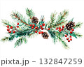 Christmas background fir branches and holly berries on white background. Postcard. 132847259