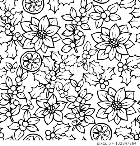 Cute seamless pattern with Christmas plants in doodle style. Vector illustration. Holly, poinsettia, fir 132847264