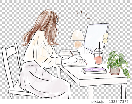 一位女士坐在桌前，在筆記本上寫東西。 132847375