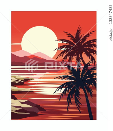 Summer travel. Sunset seascape. Beach vacation scenery. Lagoon with palms and seashore mountains. Sundown twilight. Journey tour. Ocean bay photo. Scenic seaside evening landscape. Vector tourism card 132847482