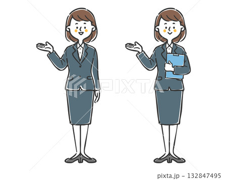 スーツを着た女性社員が案内しているイラスト　全身　ベクター 132847495