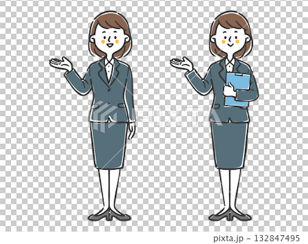 スーツを着た女性社員が案内しているイラスト　全身　ベクター 132847495