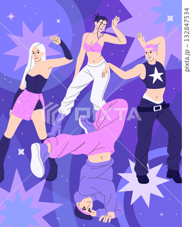 Dancer character. Dancing people. Fashion person jumping. Music party. Girl, boy performing at discotheque. Disco party. Fun hiphop. Vector festival banner cartoon flat style isolated illustration 132847534