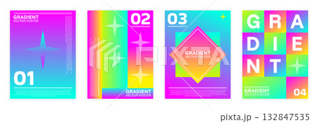 Gradient futuristic poster. Neon modern design. Hallucinogenic star shapes. Bright business minimal creative card, trendy background. Geometric gradient of print. Vector typography garish template 132847535