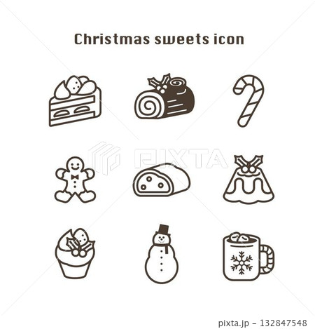 クリスマススイーツアイコンセット/かわいい冬のお菓子イラスト素材 クリスマススイーツアイコンセット/かわいい冬のお菓子イラスト素材 132847548